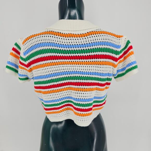Rainbow striped Crocheted Knit Crop Cardigan Top Blouse Size XL Rainbowcore 3654 - Picture 2 of 5